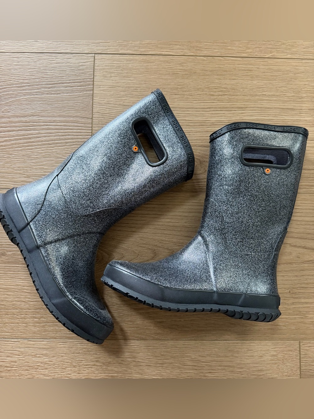 BOGS Youth Size 5 Rain Boots Silver Black Glitter Waterproof Pull On Handles